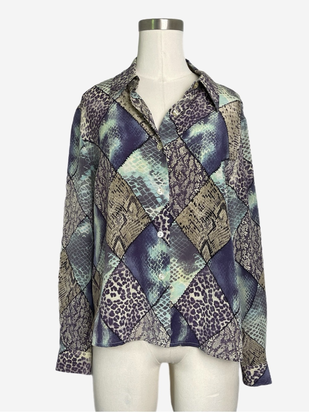 Vintage Y2K Spencer Jeremy Purple patchwork snakeskin silk blouse eclectic S/M